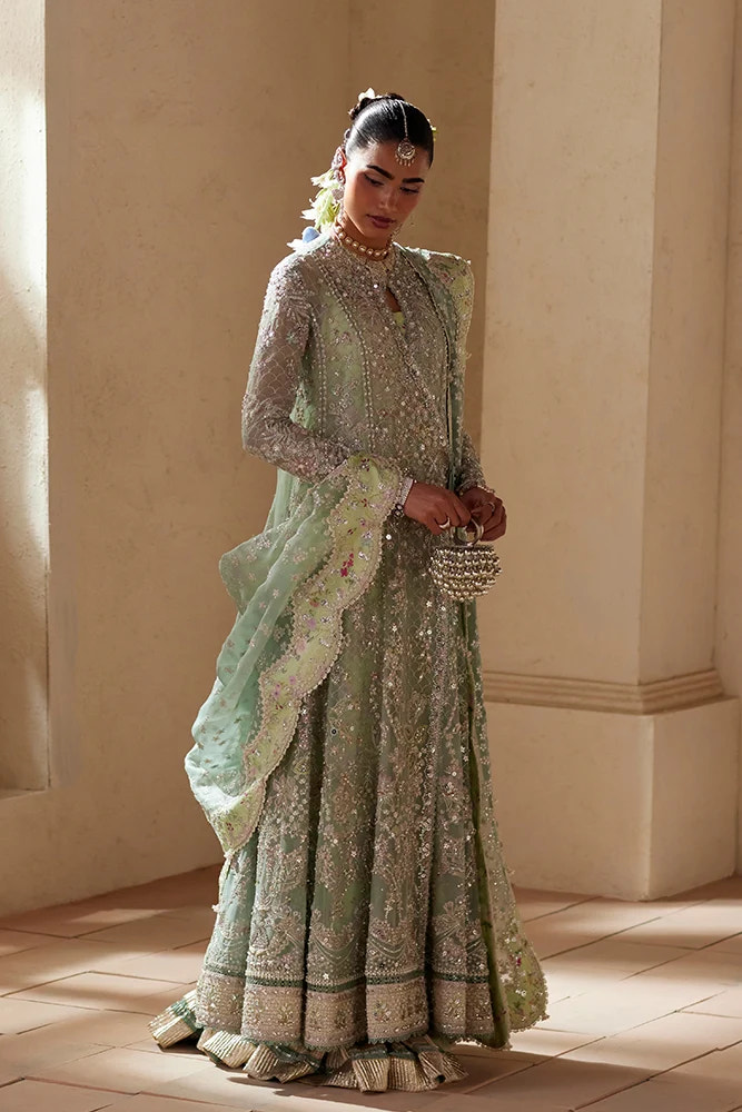 Suffuse Nirvelle turquoise green organza angrakha and gharara