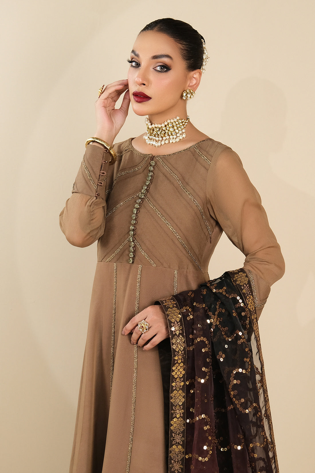 Alizeh | Formals Collection | Rose Beige Dress 3 piece - RTW1017 by Designer Alizeh - House of Maryam - Pakistani Designer Ethnic Wear in {{ shop.shopifyCountryName }}