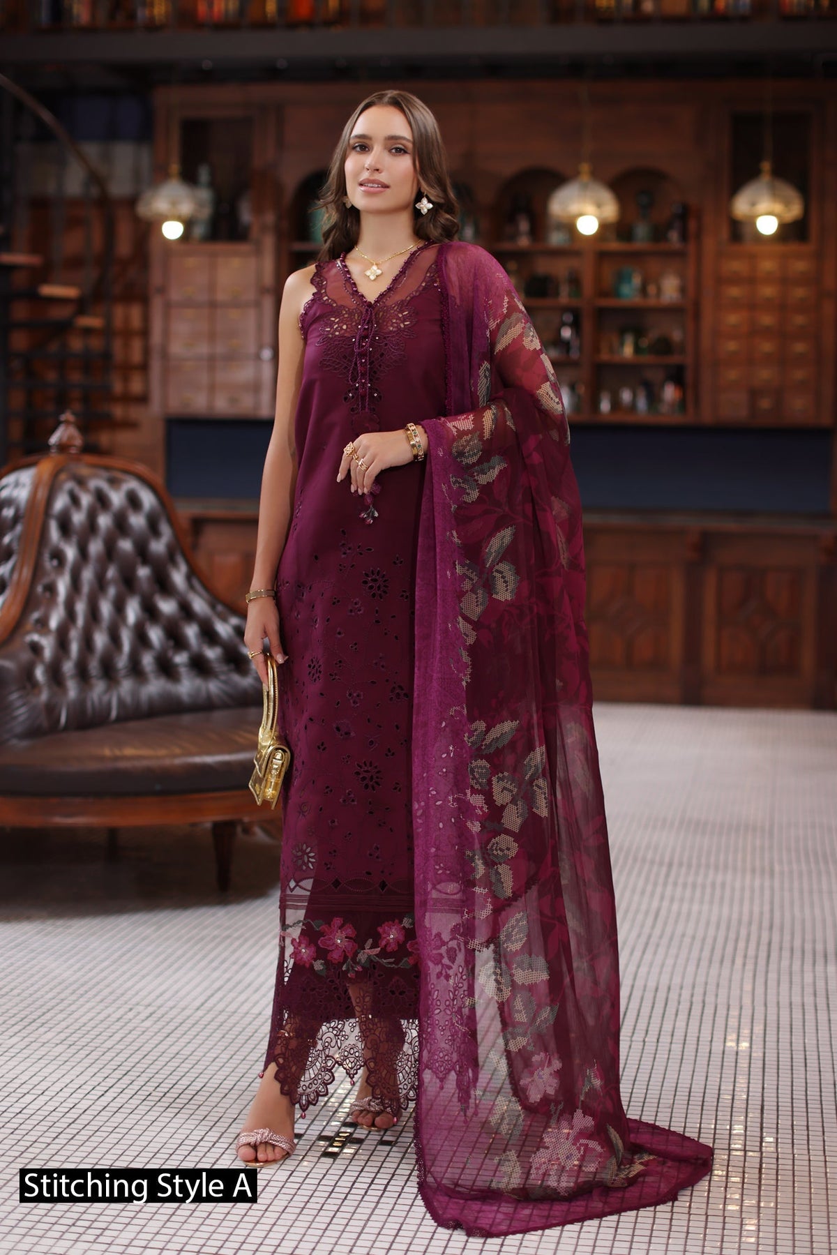 Noor by Saadia Asad | Eid Luxury Schiffli Laserkari 25 | D12- Plum -  Noor by Saadia Asad Ladies Clothes - Original Designer Dress - House of Maryam