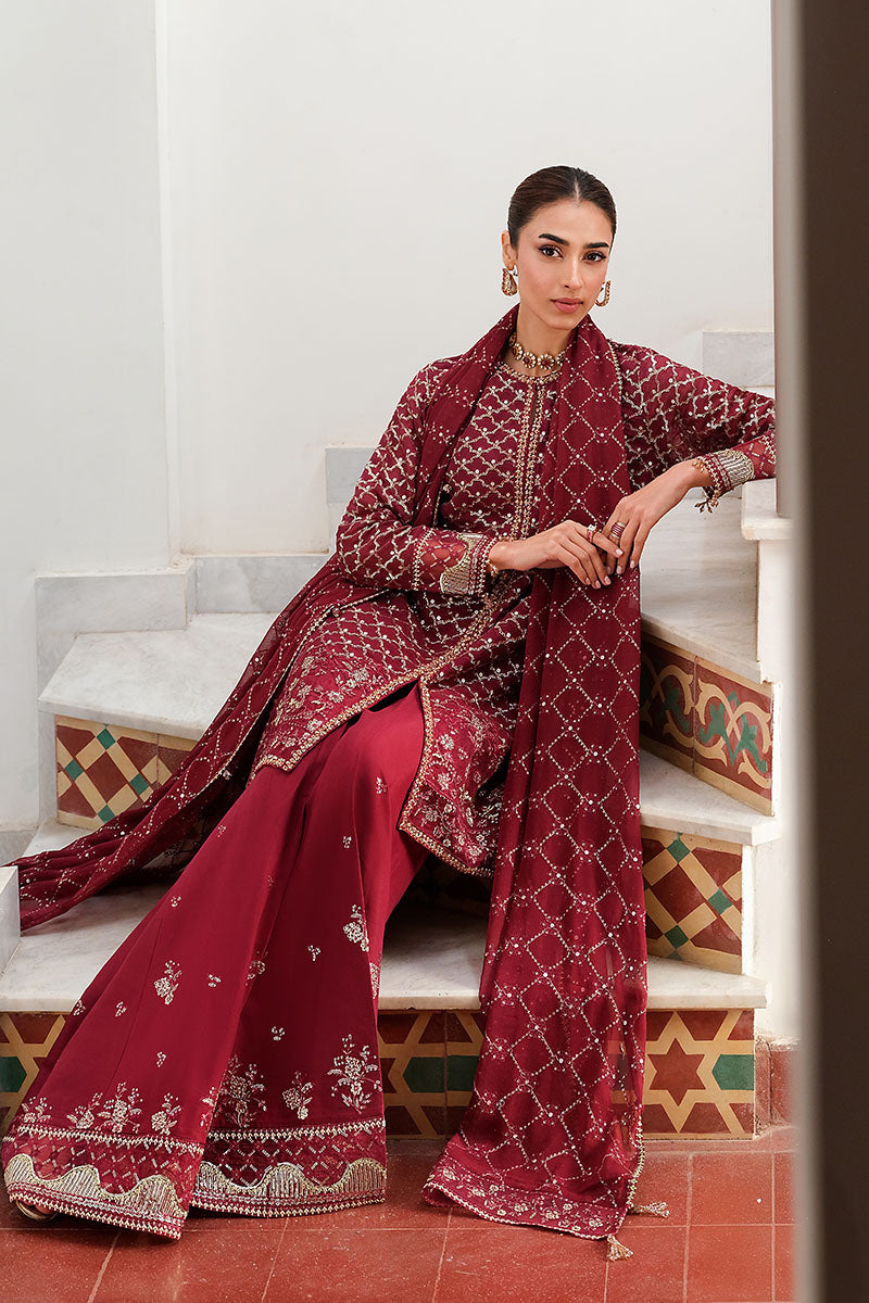 Cross Stitch | Wedding Pret | Crimson Cascade-3PC Chiffon Embroidered Pret-1