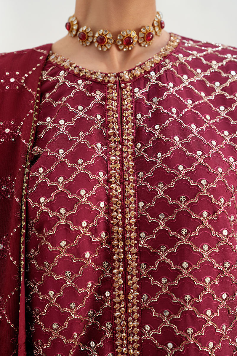 Cross Stitch | Wedding Pret | Crimson Cascade-3PC Chiffon Embroidered Pret-4