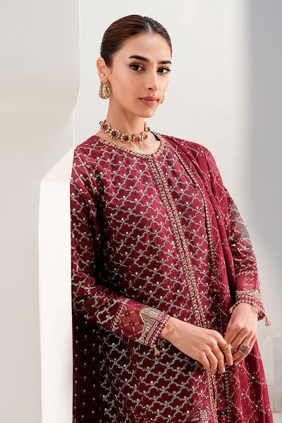 Cross Stitch | Wedding Pret | Crimson Cascade-3PC Chiffon Embroidered Pret