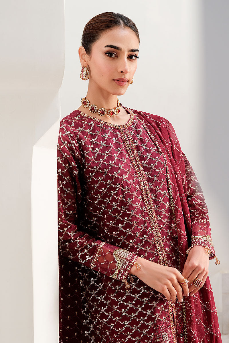 Cross Stitch | Wedding Pret | Crimson Cascade-3PC Chiffon Embroidered Pret-5