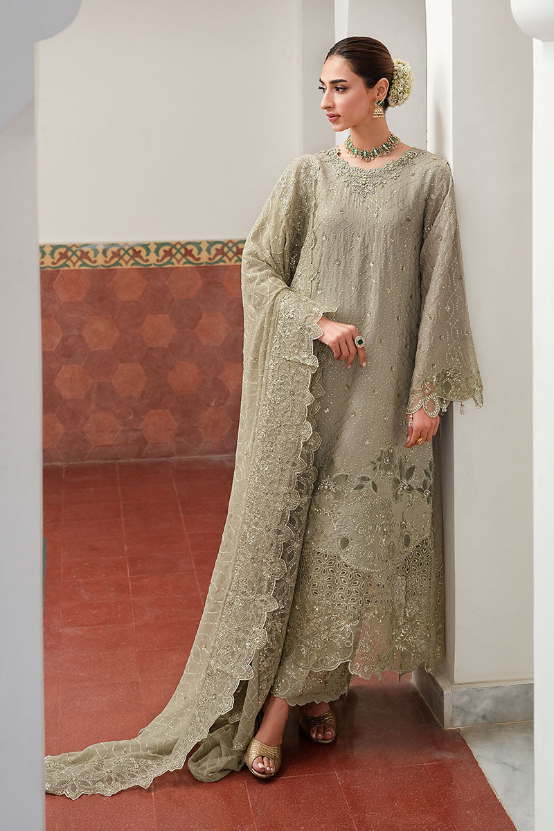 Cross Stitch | Wedding Pret | Ashen Dream-3PC Silk Embroidered Pret-1