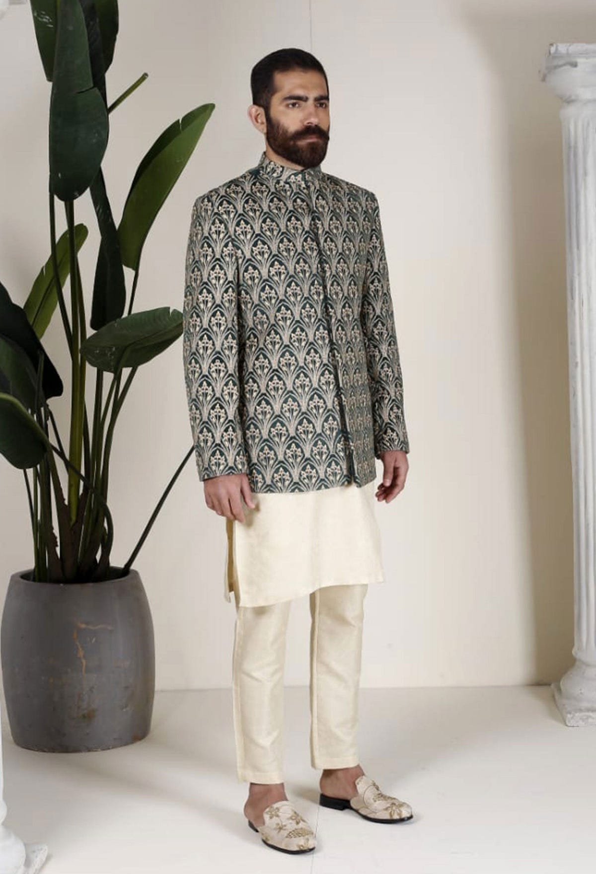 Republic By Omar Farooq | Luxury Rtw | Green Embossed Prince Coat -  Republic by Omar Farooq Luxury RTW - Original Designer Dress - House of Maryam