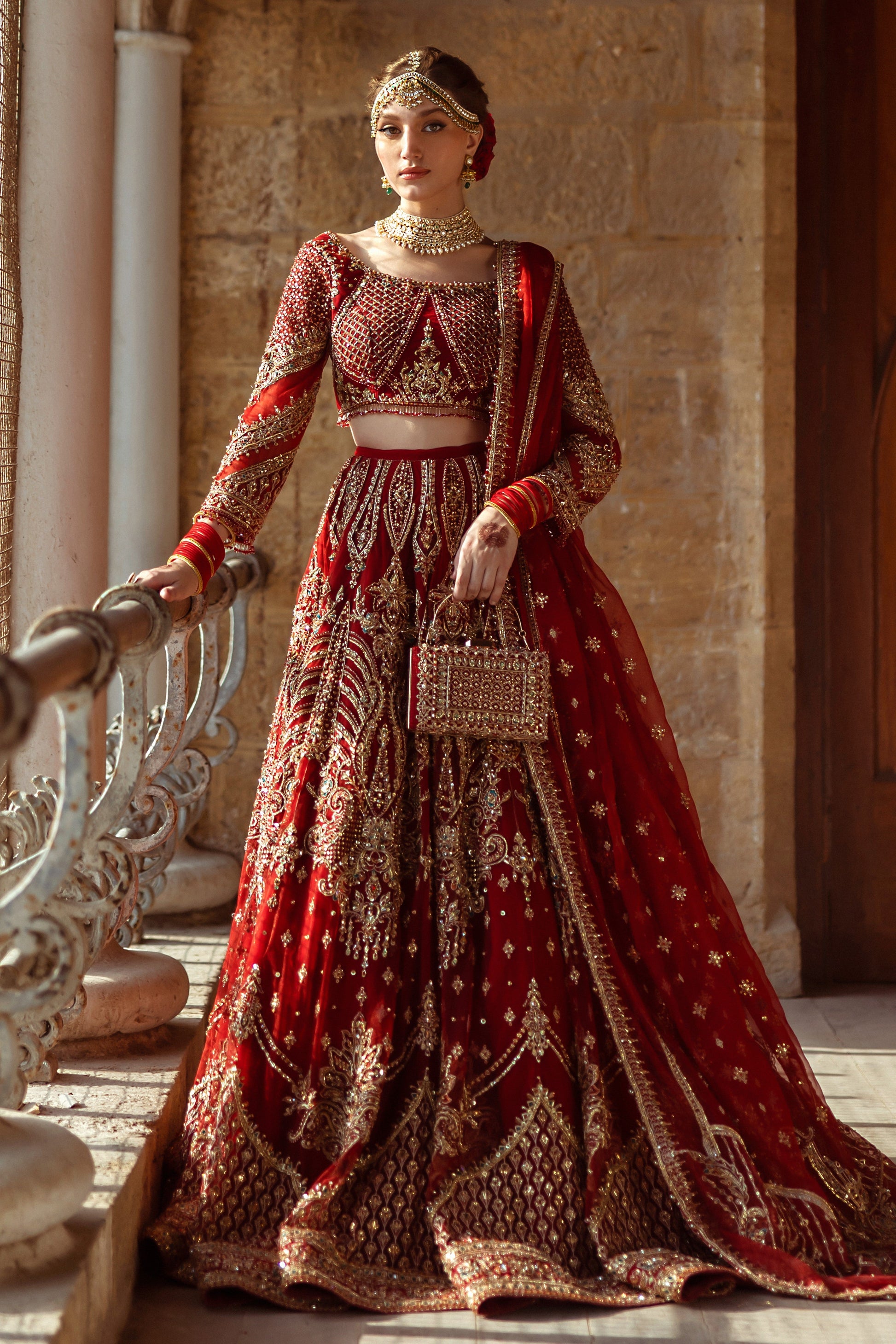 NAQSHI Firaaq organza dupatta draped to display petal-like triangular pallu, embellished applique work, crystalized finishings and fancy corner detailing.