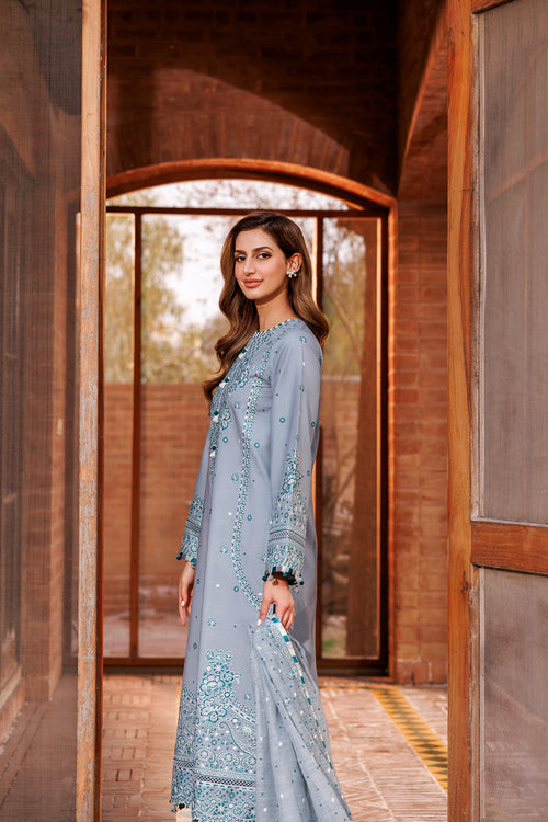 Farasha | Dastoor Embroidered Lawn SS24 | BERYL GREY