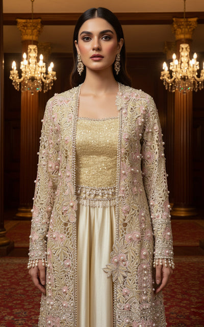 Threads and Motifs | Formal Dresses 25 | Organza Embroidered Jacket With Blouse And Skirt
