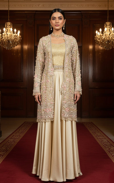 Threads and Motifs | Formal Dresses 25 | Organza Embroidered Jacket With Blouse And Skirt