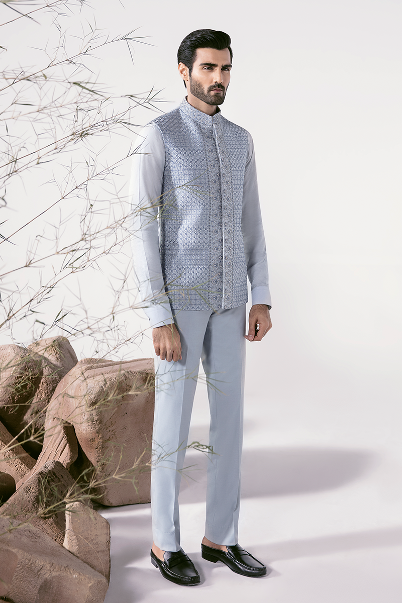 Republic By Omar Farooq | Couture Waistcoat | Ice Blue Waistcoat -  Republic by Omar Farooq Couture Waistcoat - Original Designer Dress - House of Maryam