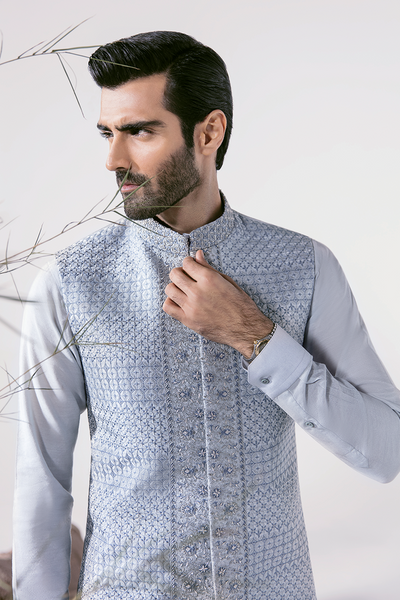 Republic By Omar Farooq | Couture Waistcoat | Ice Blue Waistcoat -  Republic by Omar Farooq Couture Waistcoat - Original Designer Dress - House of Maryam