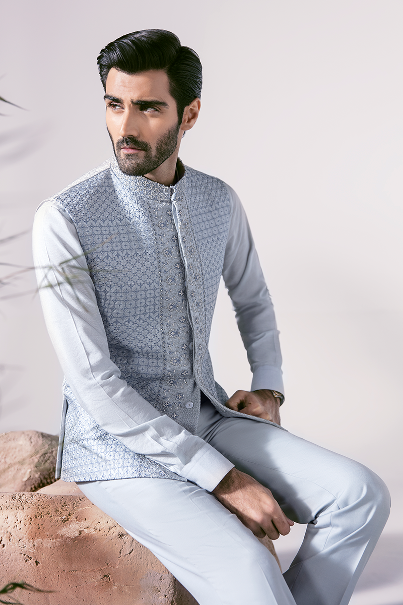 Republic By Omar Farooq | Couture Waistcoat | Ice Blue Waistcoat -  Republic by Omar Farooq Couture Waistcoat - Original Designer Dress - House of Maryam