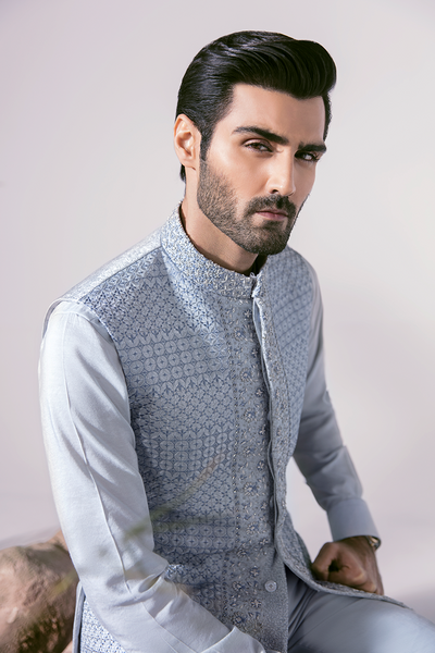 Republic By Omar Farooq | Couture Waistcoat | Ice Blue Waistcoat -  Republic by Omar Farooq Couture Waistcoat - Original Designer Dress - House of Maryam