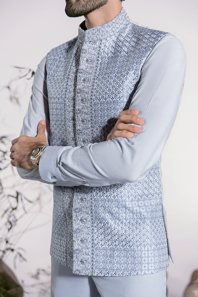 Republic By Omar Farooq | Couture Waistcoat | Ice Blue Waistcoat -  Republic by Omar Farooq Couture Waistcoat - Original Designer Dress - House of Maryam
