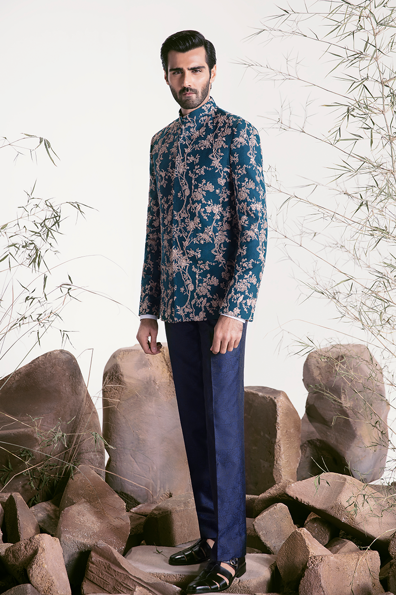Republic By Omar Farooq | Luxury Rtw | Teal Embroidered Prince Coat -  Republic by Omar Farooq Luxury RTW - Original Designer Dress - House of Maryam