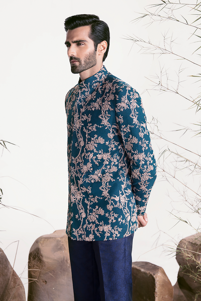 Republic By Omar Farooq | Luxury Rtw | Teal Embroidered Prince Coat -  Republic by Omar Farooq Luxury RTW - Original Designer Dress - House of Maryam
