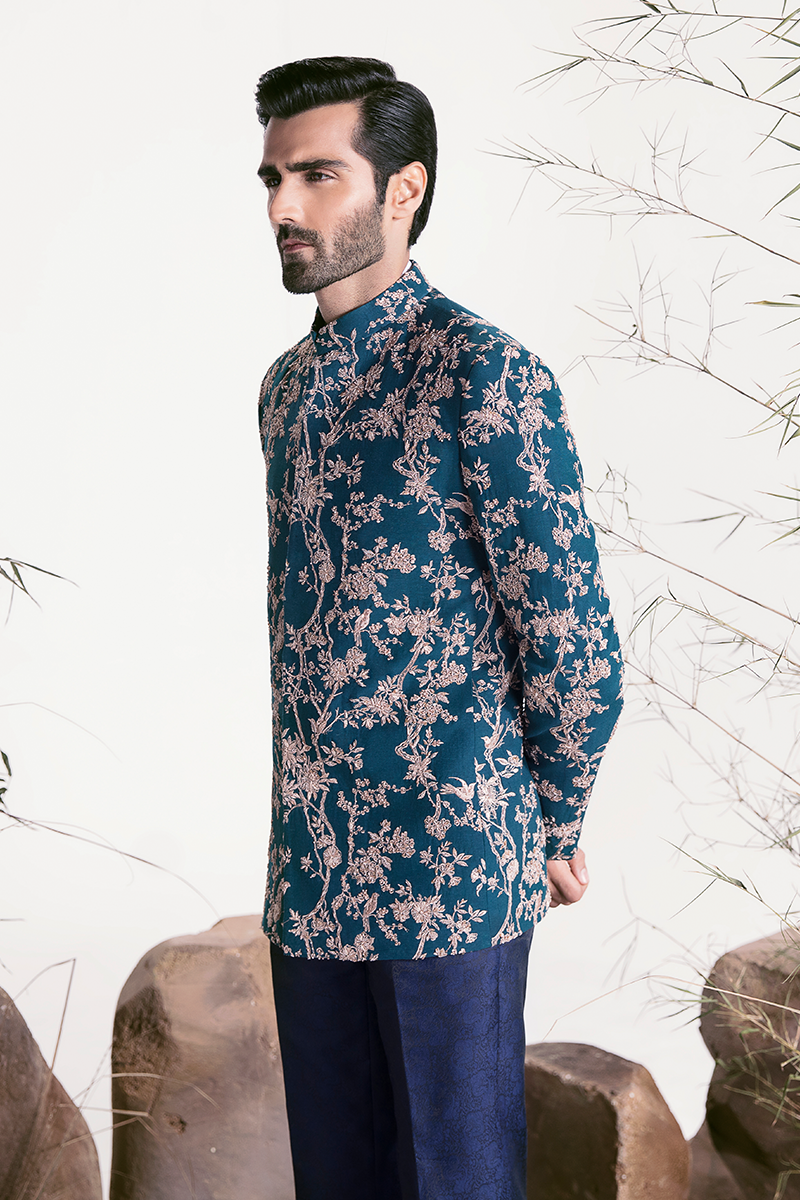 Republic By Omar Farooq | Luxury Rtw | Teal Embroidered Prince Coat -  Republic by Omar Farooq Luxury RTW - Original Designer Dress - House of Maryam