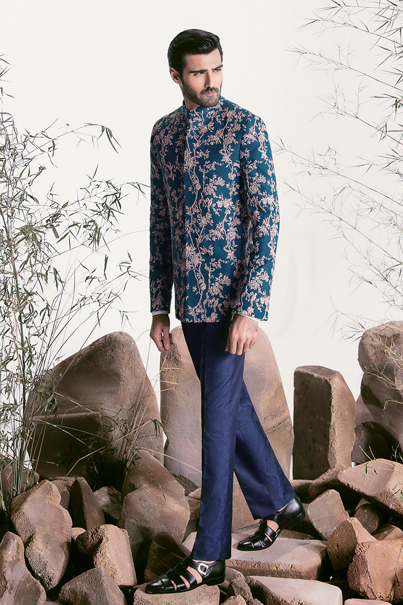 Republic By Omar Farooq | Luxury Rtw | Teal Embroidered Prince Coat -  Republic by Omar Farooq Luxury RTW - Original Designer Dress - House of Maryam