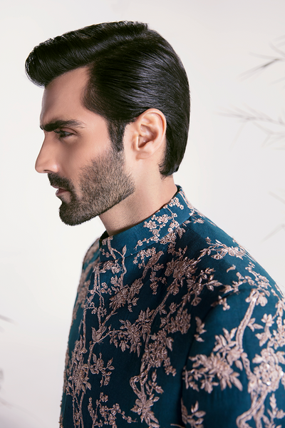 Republic By Omar Farooq | Luxury Rtw | Teal Embroidered Prince Coat -  Republic by Omar Farooq Luxury RTW - Original Designer Dress - House of Maryam