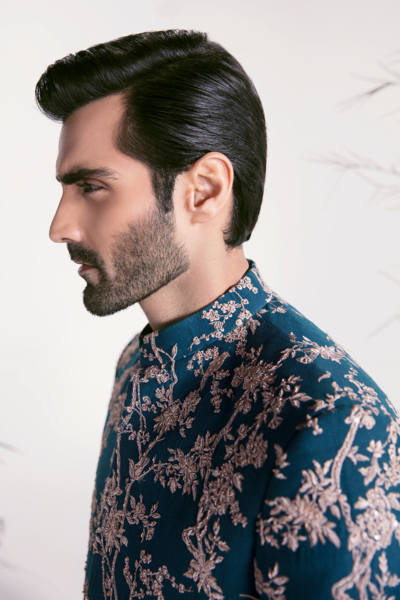 Republic By Omar Farooq | Luxury Rtw | Teal Embroidered Prince Coat -  Republic by Omar Farooq Luxury RTW - Original Designer Dress - House of Maryam