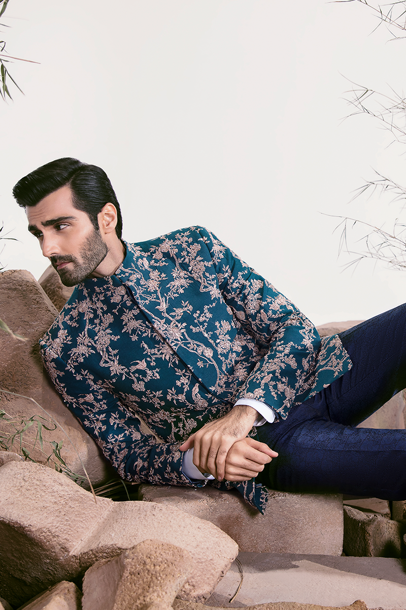 Republic By Omar Farooq | Luxury Rtw | Teal Embroidered Prince Coat -  Republic by Omar Farooq Luxury RTW - Original Designer Dress - House of Maryam
