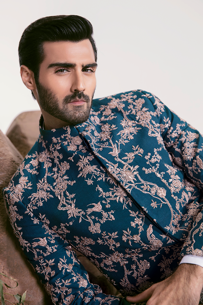 Republic By Omar Farooq | Luxury Rtw | Teal Embroidered Prince Coat -  Republic by Omar Farooq Luxury RTW - Original Designer Dress - House of Maryam