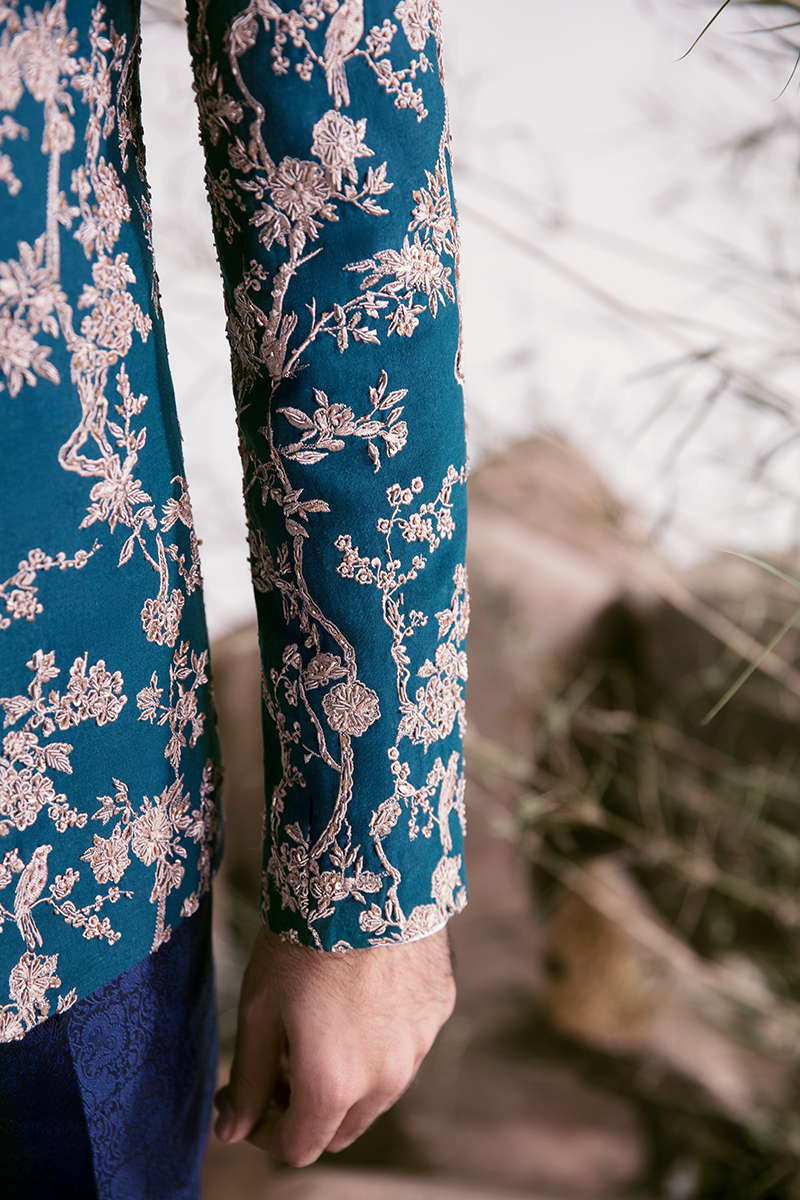 Republic By Omar Farooq | Luxury Rtw | Teal Embroidered Prince Coat -  Republic by Omar Farooq Luxury RTW - Original Designer Dress - House of Maryam