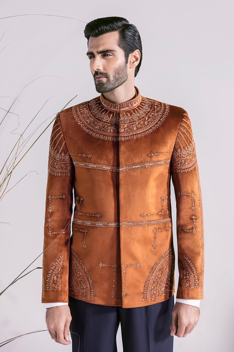 Republic By Omar Farooq | Luxury Rtw | Rust Embroidered Prince Coat