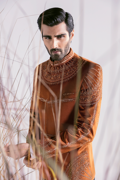 Republic By Omar Farooq | Luxury Rtw | Rust Embroidered Prince Coat -  Republic by Omar Farooq Luxury RTW - Original Designer Dress - House of Maryam