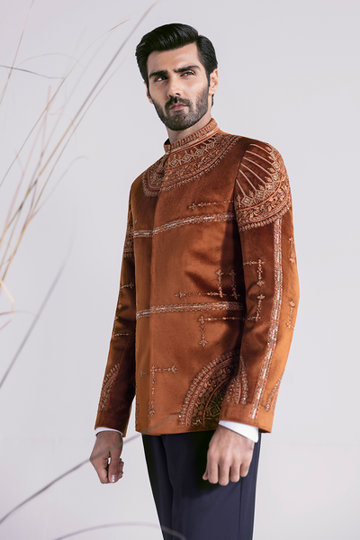 Republic By Omar Farooq | Luxury Rtw | Rust Embroidered Prince Coat -  Republic by Omar Farooq Luxury RTW - Original Designer Dress - House of Maryam