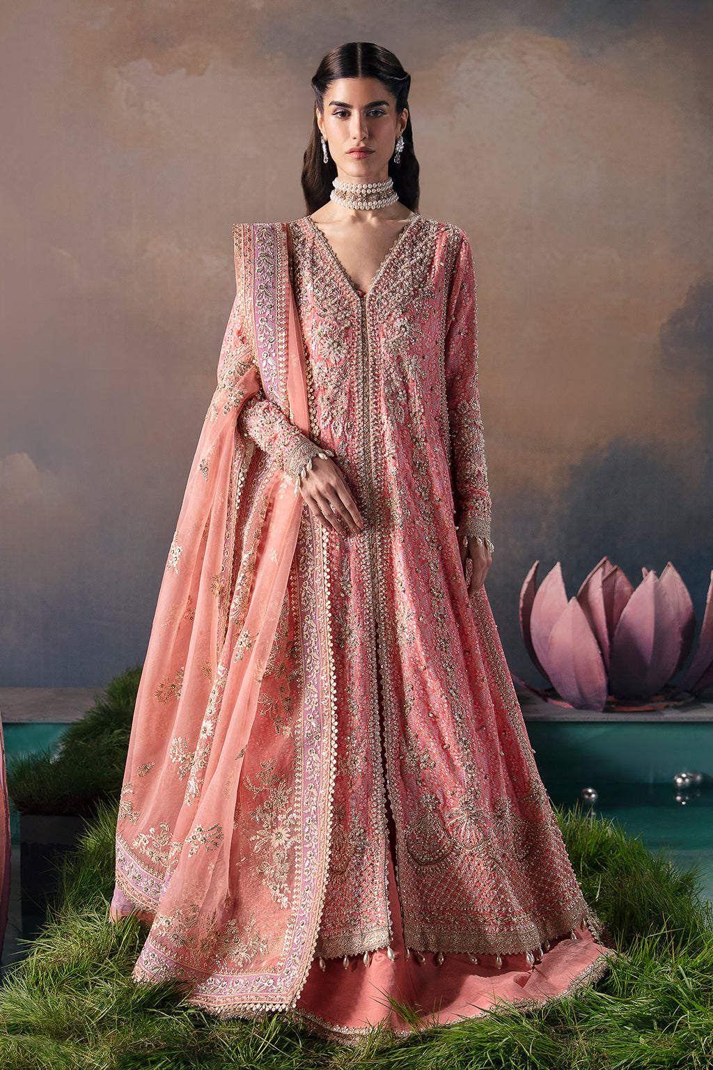 Afrozeh Alana pink long gown and sharara