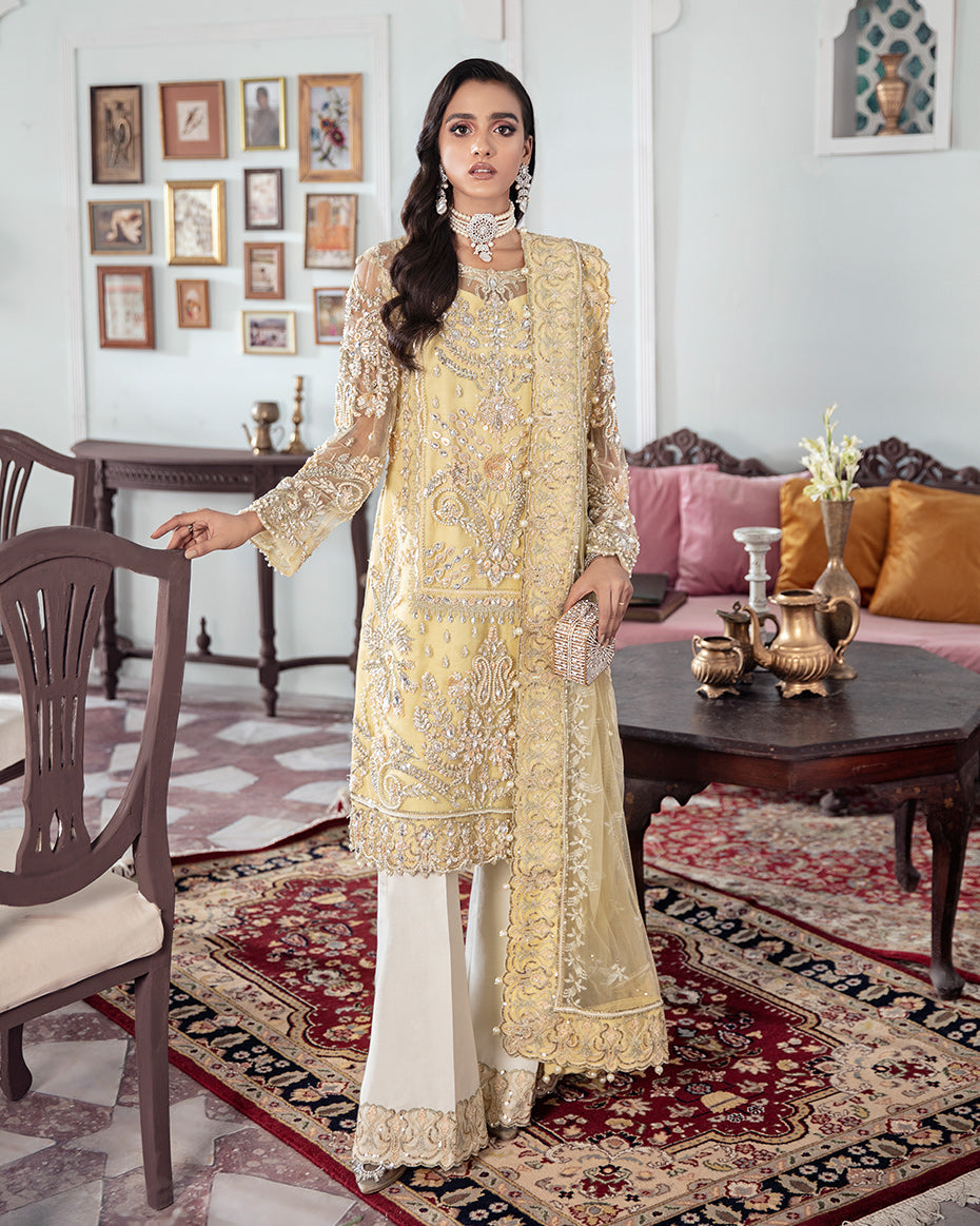 Gulaal | Wedding Formals | MAHJABEEN EMBROIDERED NET 3-PIECE SUIT WS-17