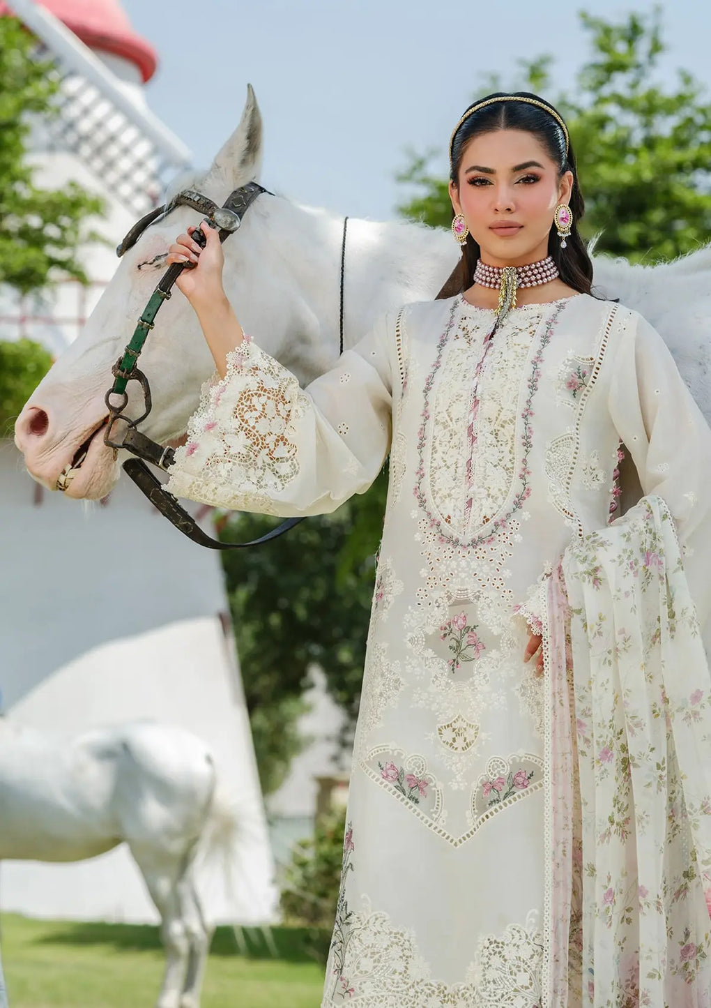 Elaf Premium | Luxury Lawn 25 | ELH-7A WHITE EMPRESS -  Elaf Premium Ladies Clothes - Original Designer Dress - House of Maryam