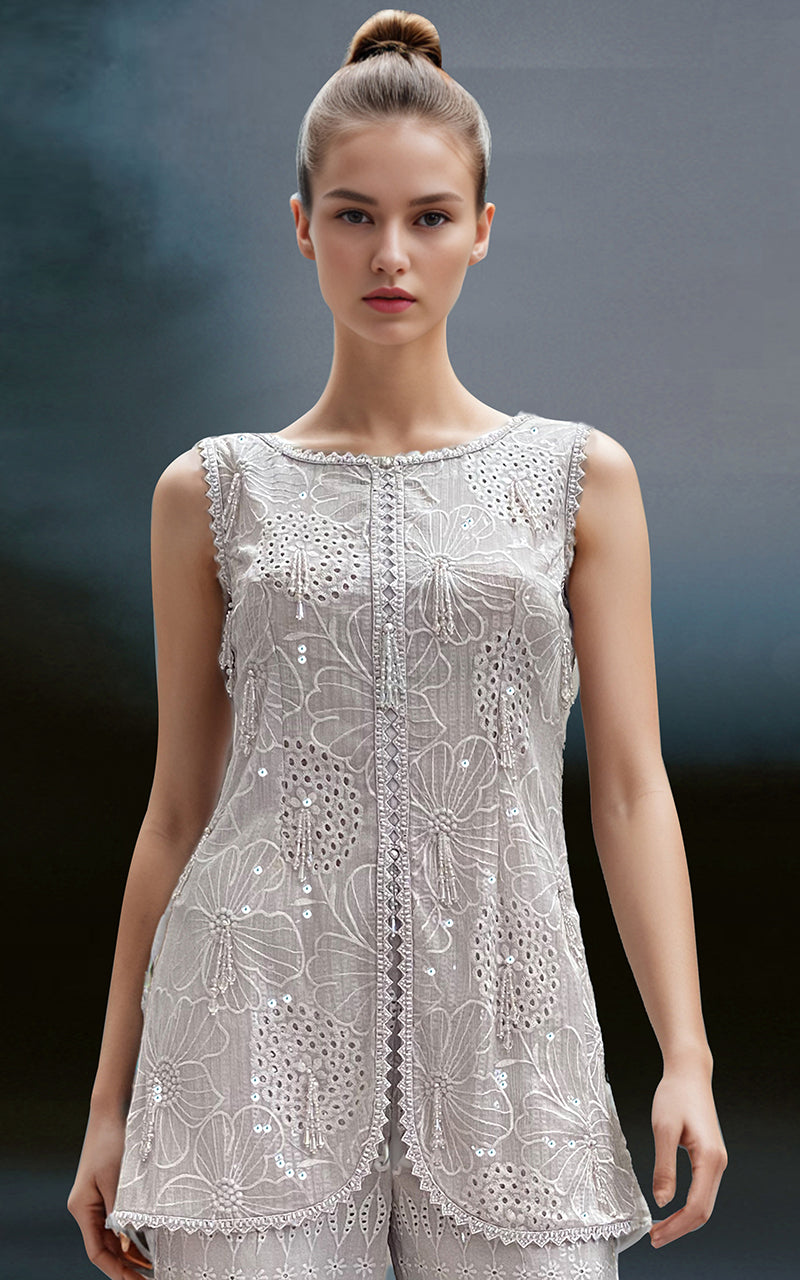 Threads and Motifs | Formal Dresses 25 | Chiffon Chikankari Embroidered Top with Trouser -  Threads and Motifs Ladies Clothes - Original Designer Dress - House of Maryam