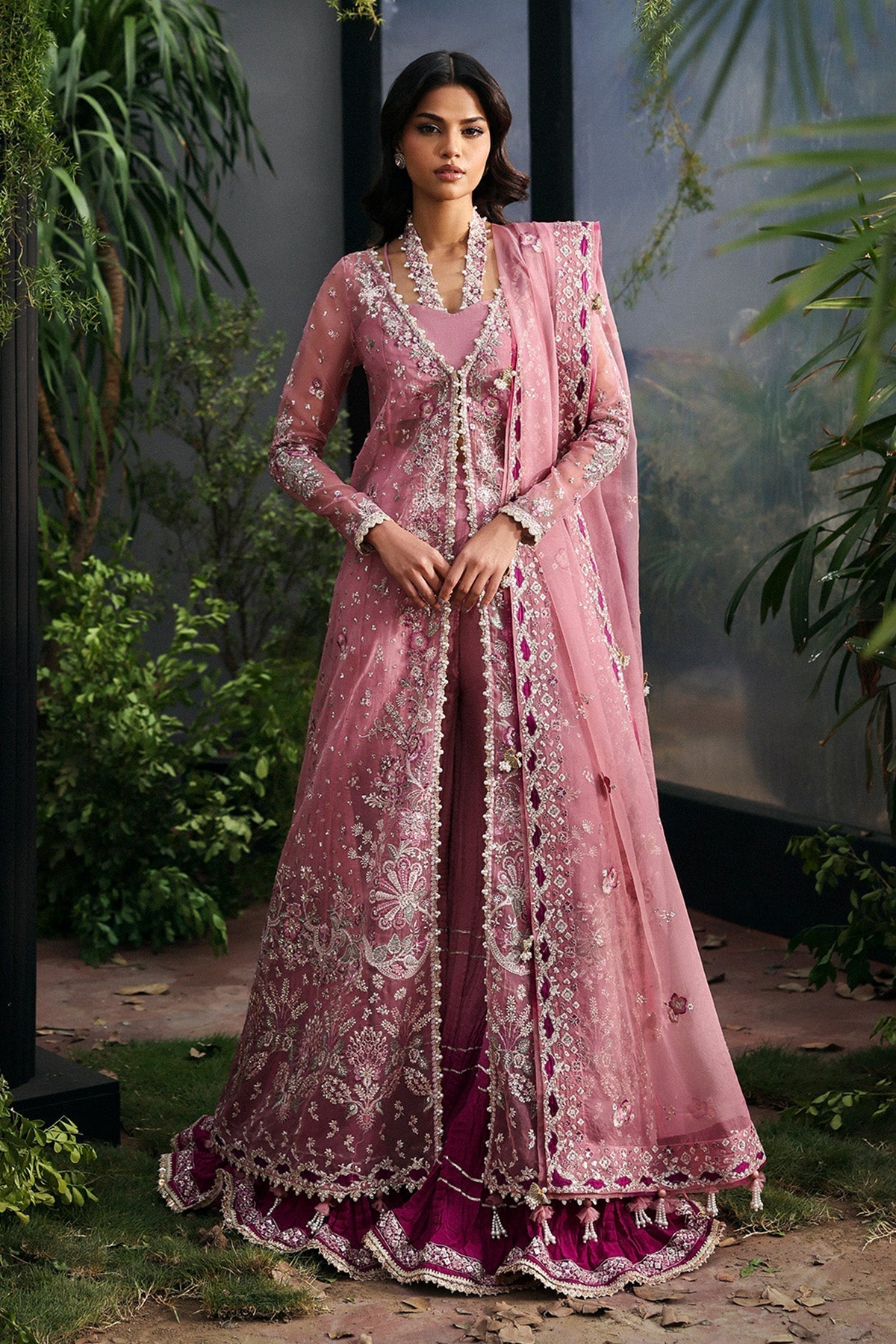 Afrozeh Seraira rose pink organza formal maxi