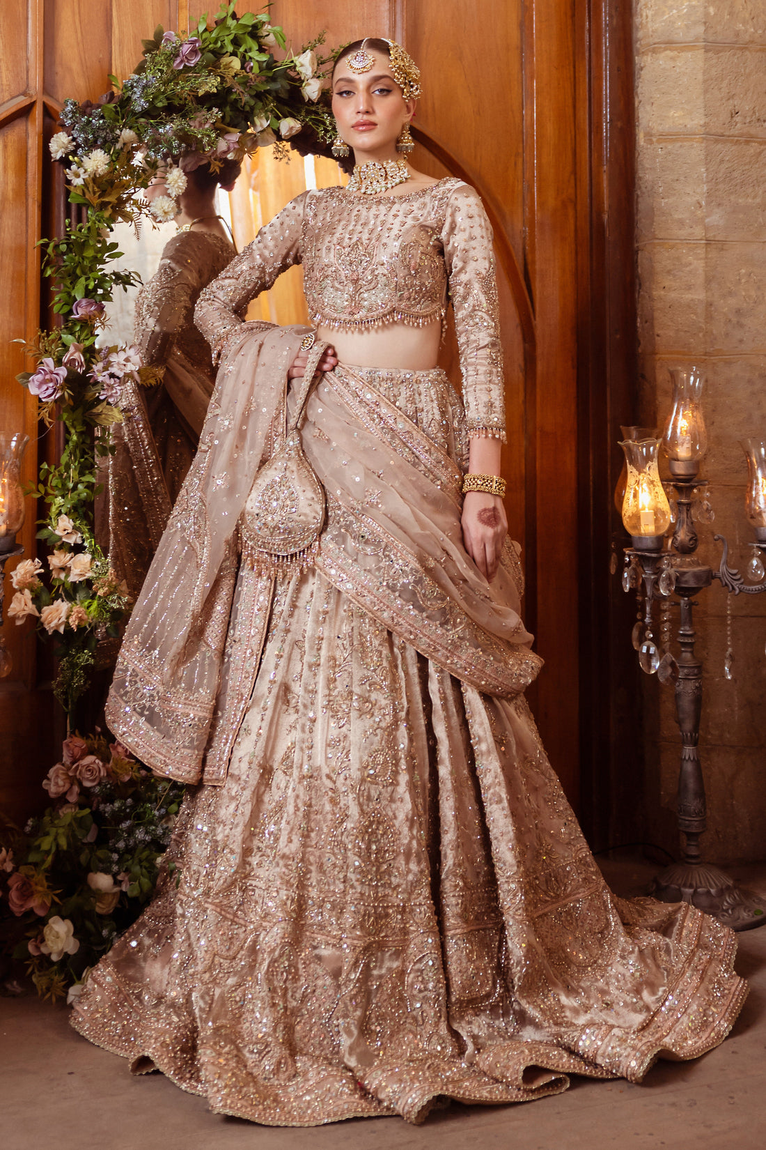 Shabab champagne pink bridal lehenga choli by NAQSHI, full front view with embellished tissue choli, flared lehenga, organza dupatta and matching potli bag, ready to wear 4-piece wedding outfit.