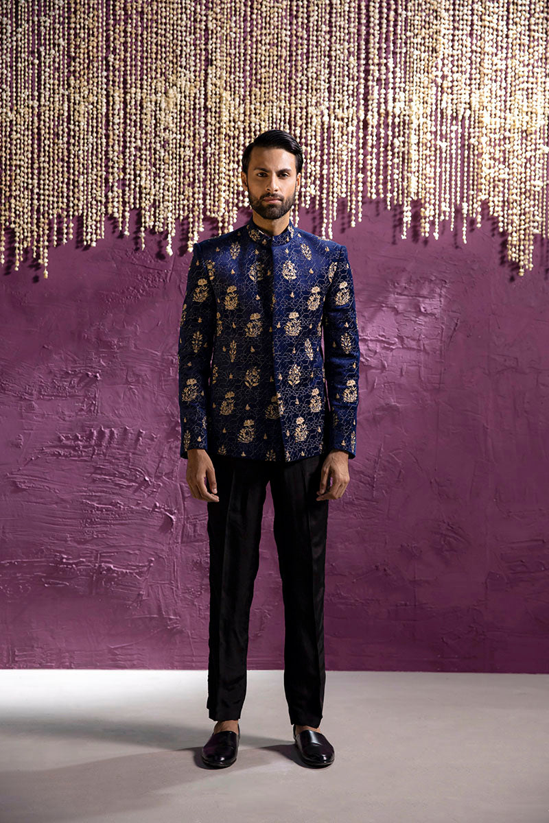 Republic By Omar Farooq | Luxury Rtw | Navy Blue Embroidered Prince Coat -  Republic by Omar Farooq Luxury RTW - Original Designer Dress - House of Maryam