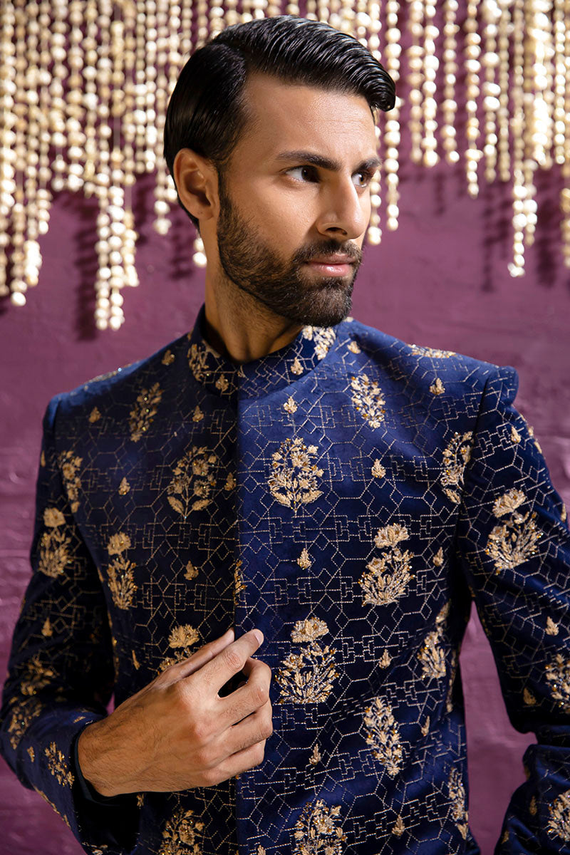 Republic By Omar Farooq | Luxury Rtw | Navy Blue Embroidered Prince Coat -  Republic by Omar Farooq Luxury RTW - Original Designer Dress - House of Maryam