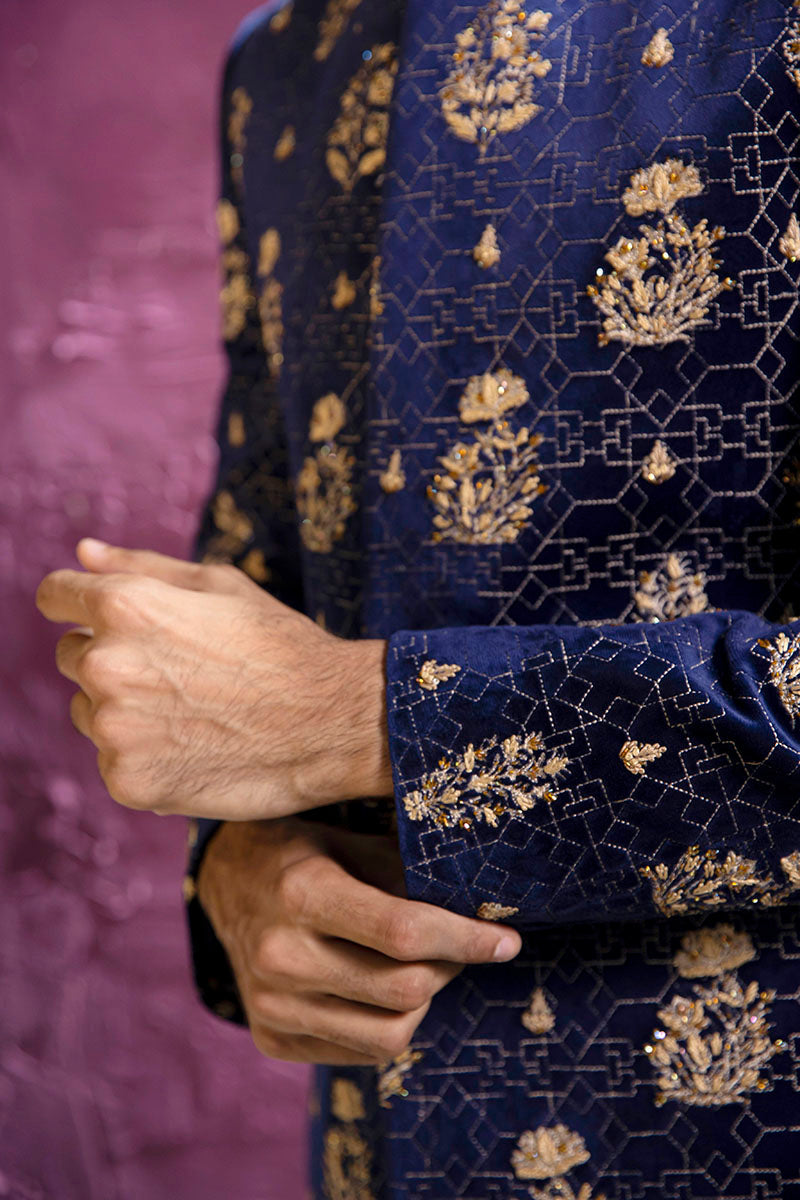 Republic By Omar Farooq | Luxury Rtw | Navy Blue Embroidered Prince Coat -  Republic by Omar Farooq Luxury RTW - Original Designer Dress - House of Maryam