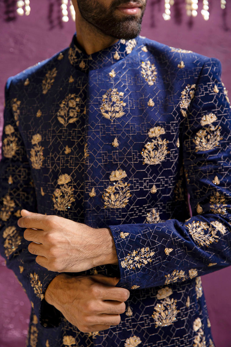Republic By Omar Farooq | Luxury Rtw | Navy Blue Embroidered Prince Coat -  Republic by Omar Farooq Luxury RTW - Original Designer Dress - House of Maryam