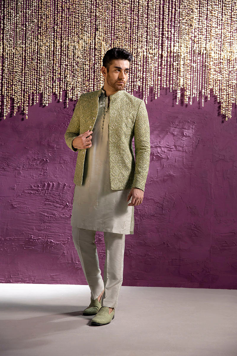 Republic By Omar Farooq | Clothing | Mint Green Damask Prince Coat -  Republic by Omar Farooq Clothing - Original Designer Dress - House of Maryam
