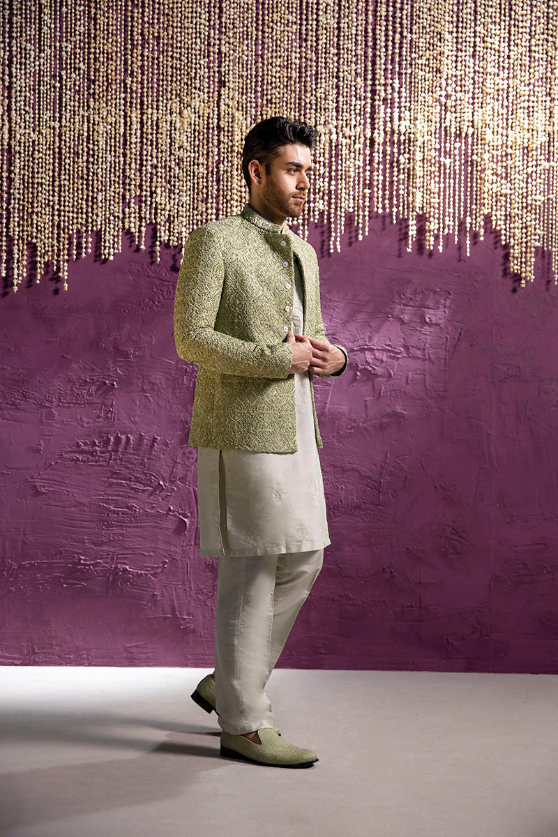 Republic By Omar Farooq | Clothing | Mint Green Damask Prince Coat -  Republic by Omar Farooq Clothing - Original Designer Dress - House of Maryam