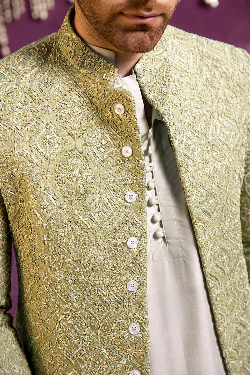 Republic By Omar Farooq | Clothing | Mint Green Damask Prince Coat