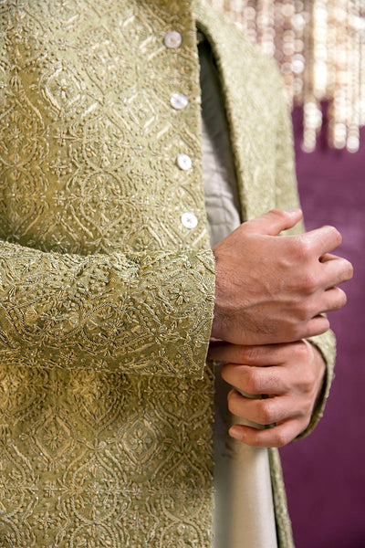 Republic By Omar Farooq | Clothing | Mint Green Damask Prince Coat -  Republic by Omar Farooq Clothing - Original Designer Dress - House of Maryam