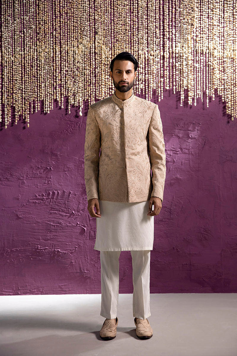 Republic By Omar Farooq | Luxury Rtw | Beige Embroidered Prince Coat -  Republic by Omar Farooq Luxury RTW - Original Designer Dress - House of Maryam