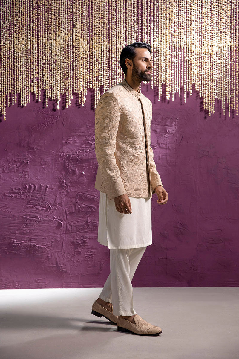 Republic By Omar Farooq | Luxury Rtw | Beige Embroidered Prince Coat -  Republic by Omar Farooq Luxury RTW - Original Designer Dress - House of Maryam