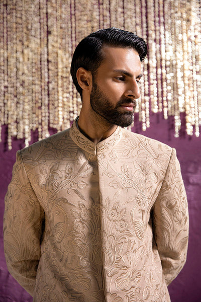 Republic By Omar Farooq | Luxury Rtw | Beige Embroidered Prince Coat -  Republic by Omar Farooq Luxury RTW - Original Designer Dress - House of Maryam