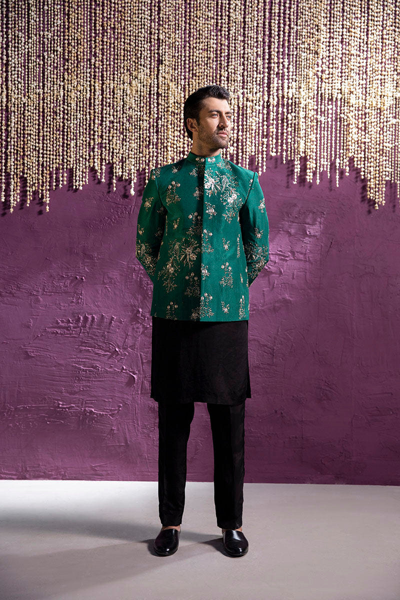 Republic By Omar Farooq | Clothing | Forest Green Floral Prince Coat -  Republic by Omar Farooq Clothing - Original Designer Dress - House of Maryam