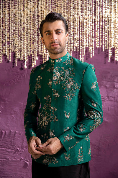 Republic By Omar Farooq | Clothing | Forest Green Floral Prince Coat -  Republic by Omar Farooq Clothing - Original Designer Dress - House of Maryam