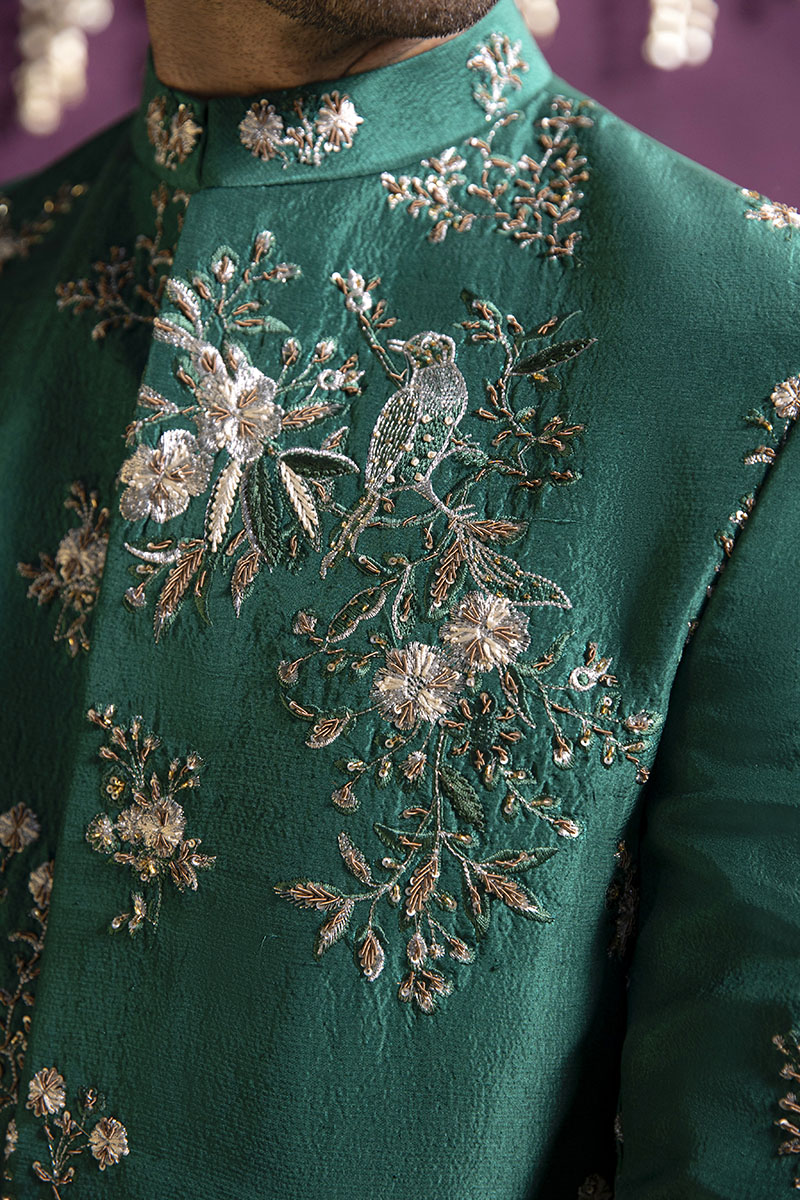 Republic By Omar Farooq | Clothing | Forest Green Floral Prince Coat -  Republic by Omar Farooq Clothing - Original Designer Dress - House of Maryam